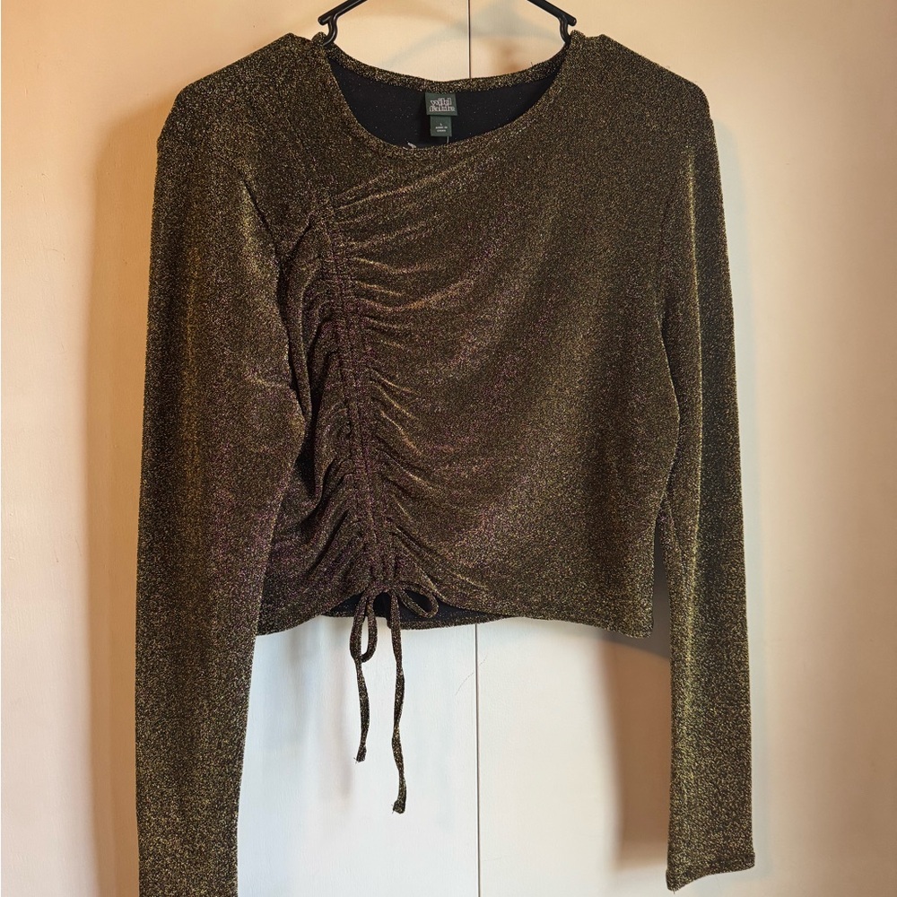 Green Gold Metallic Ruched Long-Sleeve Crop Top